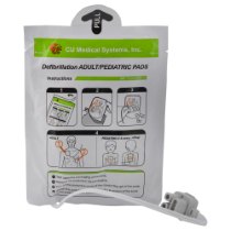 Front view of ipad sp1 adult and paediatric defibrillator pads packet with usage instructions visible