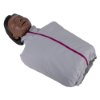 angled view of laerdal little anne training manikin with bag in dark skin colour inside a grey zipped bag