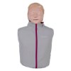 laerdal little anne training manikin with bag light skin shown from the front wearing a grey cover with a purple zipper
