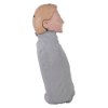 Side view of laerdal little anne training manikin with bag in light skin tone and grey cover