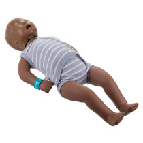 Stjlbabyqd Laerdal Little Baby Qcpr Training Manikin With Carry Bag Dark Skin Angled dark skinned baby training manikin wearing a white and grey body suit