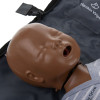 a close up of the face of a dark skinned training manikin used in training for rescue breaths and CPR