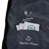 a close up of a blue holdall showing a storage pocket where cleaning wipes can be kept