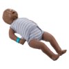 laerdal little baby qcpr training manikin with carry bag dark skin lying at an angled view wearing a striped onesie and blue wristband