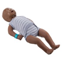 Laerdal Little Baby Qcpr Training Manikin With Carry Bag Dark Skin laerdal little baby qcpr training manikin with carry bag dark skin lying at an angled view wearing a striped onesie and blue wristband