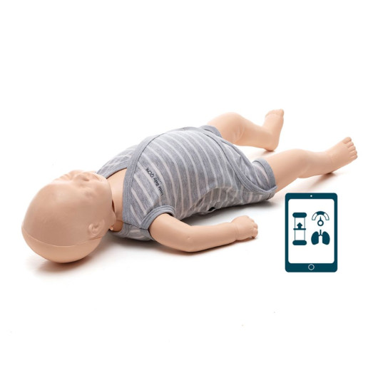 life like baby manikin with grey and white striped vest on used for first aid training
