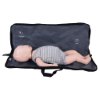 Laerdal little baby qcpr training manikin with carry bag shown from the front lying on an open grey bag