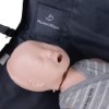 closeup of laerdal little baby qcpr training manikin with carry bag showing light skin tone head and grey striped outfit