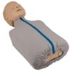 Laerdal Little Junior QCPR paediatric training manikin with light skin shown angled wearing a grey cover with a blue zipper