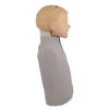 Side view of laerdal little junior qcpr paediatric training manikin with light skin wearing a grey cover