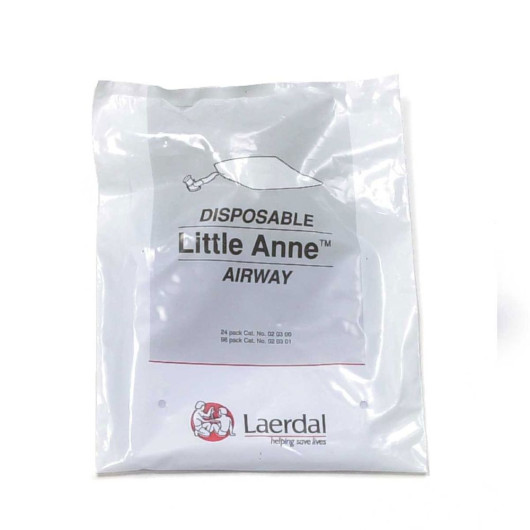 plastic bag with black writing stating disposable little anne airway