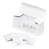 white card box with open lid showing individual packets of wipes