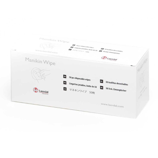 white rectangular box filled with 50 manikin wipes