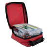 an open red carry case with black handle inside is the packed contents of a trauma kit with the instructions for use on top