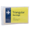 a folded cream piece of fabric wrapped in plastic with a label at the front in yellow and blue saying triangular bandage