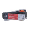 a plastic wrapped black thick webbing with a red label saying emergency tourniquet