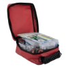 Open tourniquet case showing contents including instructions and bandages inside a red bag with a black handle