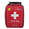 a red carry case with a black handle with a white cross and the words first aid public access trauma pact kit written underneath