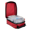 an open red carry case with a black handle the content are packed neatly inside