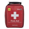 Tourni key case shown as a red bag with medical symbols and text for first aid and bleed control