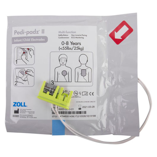 a front view of electrode pads for the Zoll aed plus for children with a green connector plug