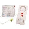 a front view of the pads outside of the packaging showing the adhesive gel pads with pictures on where to place them including the green connector