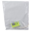 a back view of the white square packaging and the green connector plug inside a plastic bag protecting the contacts