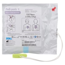 Front view of zoll aed plus paediatric padz ii defibrillator pads in sealed packaging with instructions and labels visible