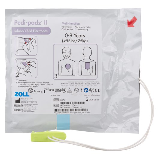 Front view of zoll aed plus paediatric padz ii defibrillator pads in sealed packaging with instructions and labels visible