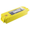 a yellow rectangular lithium battery with a white a blue label on the top with the manufactures name written Cardiac Science