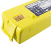 a close up of the metal contact points that attach the yellow rectangular battery to the defibrillator