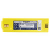 a yellow rectangular lithium battery with a white a blue label on the top with the manufactures name written Cardiac Science