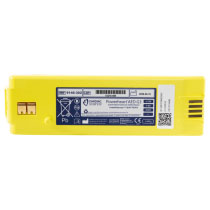 a yellow rectangular lithium battery with a white a blue label on the top with the manufactures name written Cardiac Science