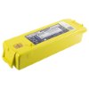 Angled view of the cardiac science powerheart g3 plus intellisense battery showing its yellow casing and labels