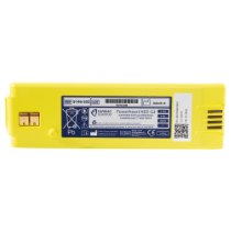 Front view of a yellow cardiac science powerheart g3 plus intellisense battery with label and connectors visible