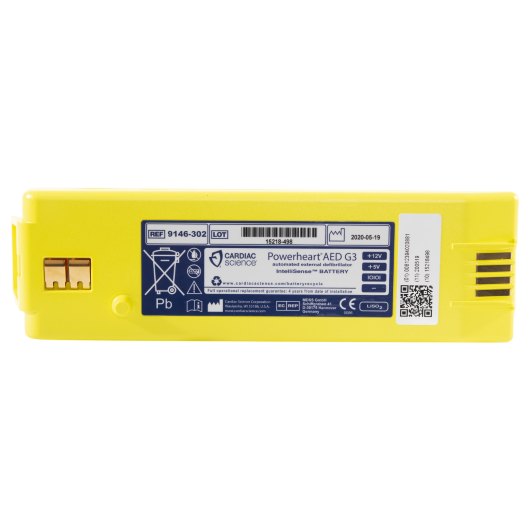 Front view of a yellow cardiac science powerheart g3 plus intellisense battery with label and connectors visible