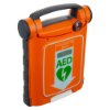 Angled view of the cardiac science powerheart g5 semi automatic defibrillator in orange with handle and AED label
