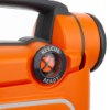 Closeup detail of the orange cardiac science powerheart g5 semi automatic defibrillator showing rescue ready indicator and part of handle