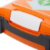 Closeup of the white latch on the cardiac science powerheart g5 semi automatic defibrillator case