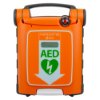 Front view of cardiac science powerheart g5 semi automatic defibrillator in bright orange with green AED heart symbol