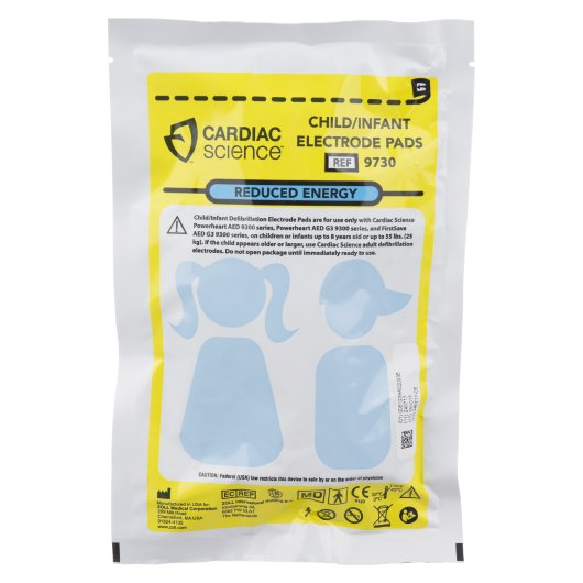 packaging back of cardiac science powerheart g3 plus paediatric defibrillator pads showing label and instructions