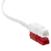 a close up view of the connector plug, red and white connector with a white cable
