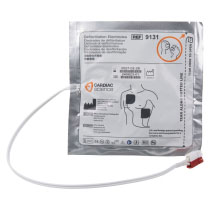Stjphpads Cardiac Science Powerheart Aed G3 Plus Adult Defibrillator Pads Front a front shot of the cardiac science powerheart aed g3 plus adult pads with the white cable and red and white connector in front of the square pad packaging