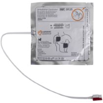 Front view of cardiac science powerheart aed g3 plus adult pads in sealed packaging with cable attached