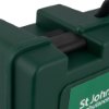 Closeup of the latch on the st john bs85991 compliant workplace kit large in dark green plastic