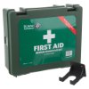 Angled view of st john ambulance bs8599 1 compliant workplace first aid kit in green case with wall mount bracket