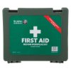 Green St John Ambulance bs8599 1 compliant workplace first aid kit shown from the front with first aid cross and label