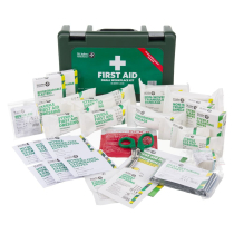 Stjswkfas St John Ambulance Bs8599 1 Compliant Workplace First Aid Kit Small Contents a full contents view of the small workplace compliant first aid kit, with a green hardcase in the background and the kit contents in front