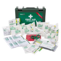 St John Ambulance Bs8599 1 Compliant Workplace First Aid Kit Small st john ambulance bs8599 1 compliant workplace first aid kit small showing its contents including dressings plasters gloves and scissors
