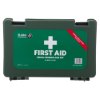 Front view of st john ambulance bs8599 1 compliant workplace first aid kit small with green case and white cross symbol